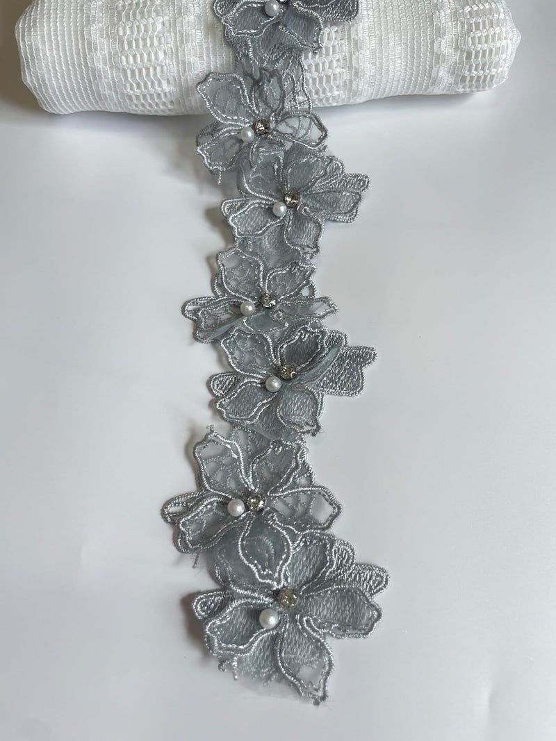 Buysk 2 Yards 3D Pearl Beads Flower Lace Trim Ribbon Floral Applique Embroidered Lace Fabric for Sewing DIY Crafts (Grey) - Image 1